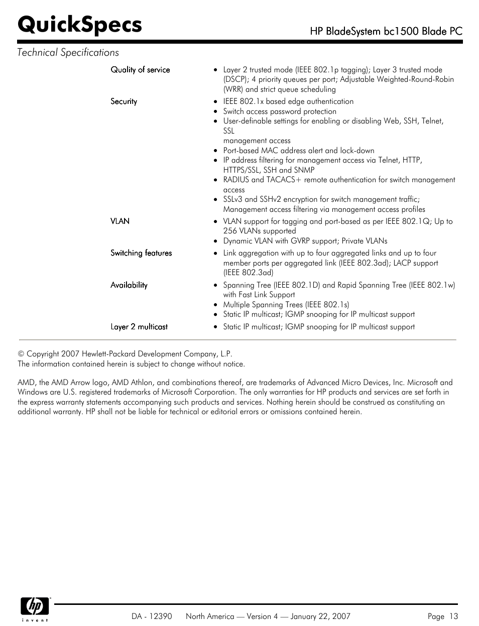 Quickspecs, Hp bladesystem bc1500 blade pc | HP BC1500 User Manual | Page 13 / 13