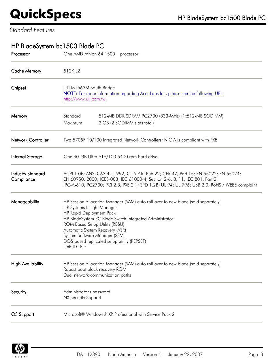 Standard features, Quickspecs, Hp bladesystem bc1500 blade pc | Hp bladesystem bc1500 blade pc standard features | HP BC1500 User Manual | Page 3 / 13
