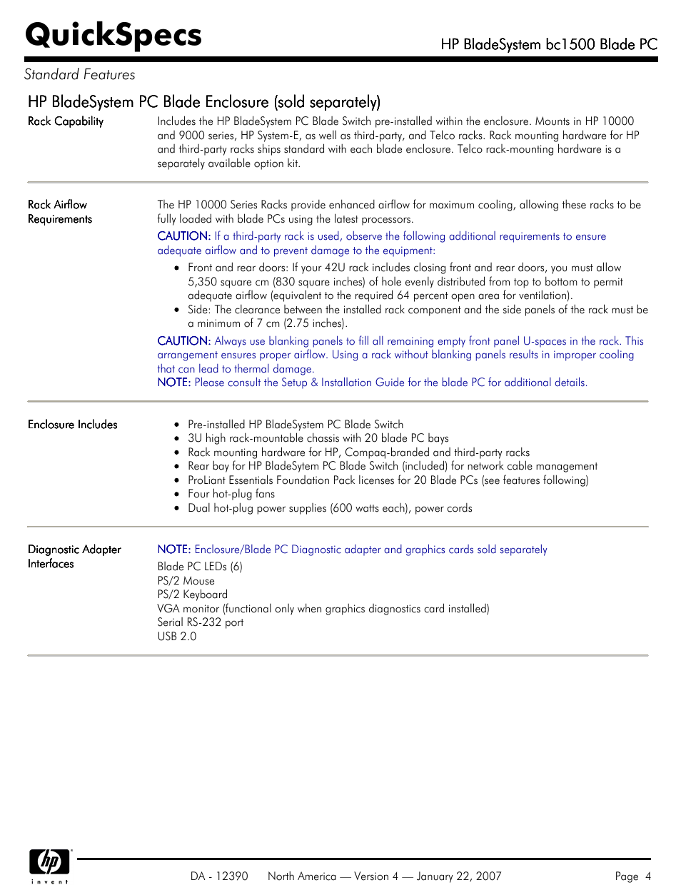 Quickspecs, Hp bladesystem bc1500 blade pc, Hp bladesystem bc1500 blade pc standard features | HP BC1500 User Manual | Page 4 / 13