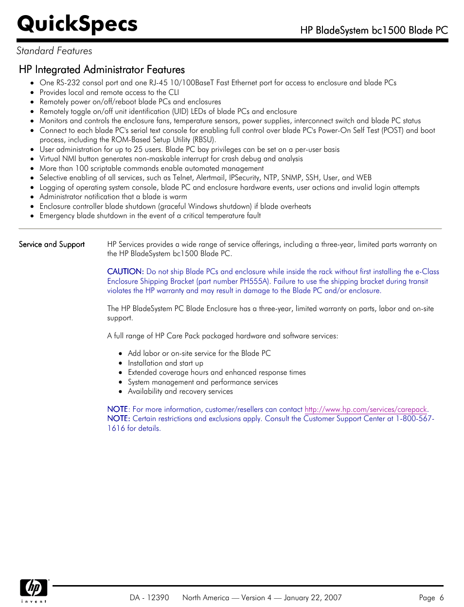 Quickspecs, Hp integrated administrator features | HP BC1500 User Manual | Page 6 / 13