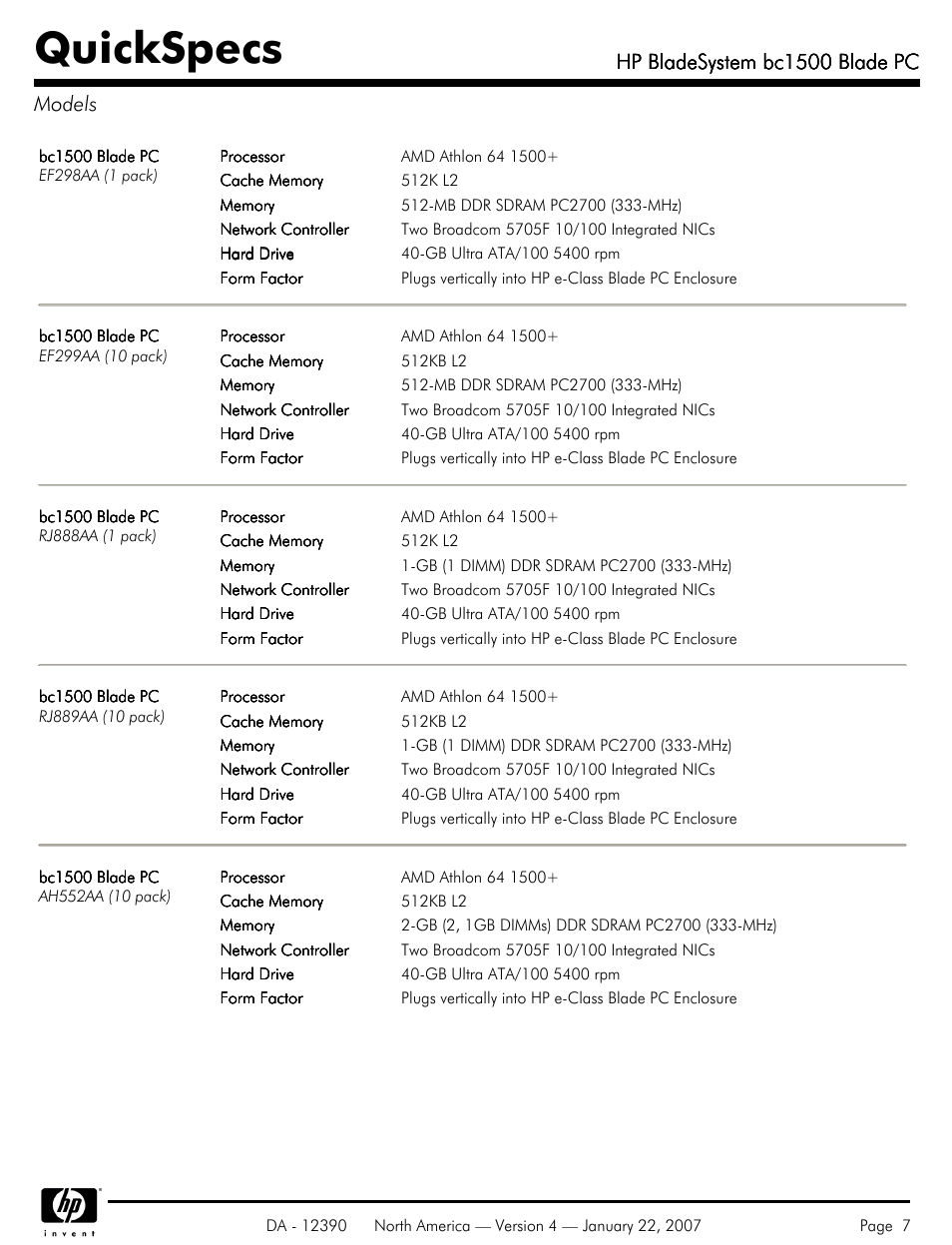 Models, Quickspecs, Hp bladesystem bc1500 blade pc | Hp bladesystem bc1500 blade pc models | HP BC1500 User Manual | Page 7 / 13