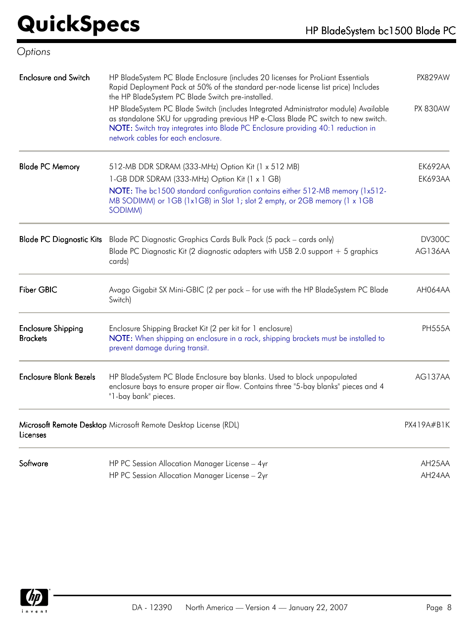 Options, Quickspecs, Hp bladesystem bc1500 blade pc | Hp bladesystem bc1500 blade pc options | HP BC1500 User Manual | Page 8 / 13
