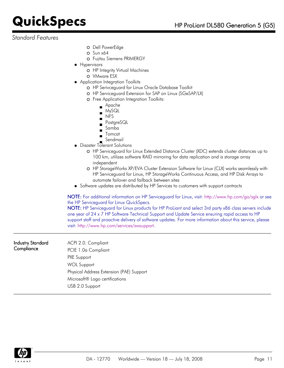 Quickspecs | HP Proliant DL580 User Manual | Page 11 / 53