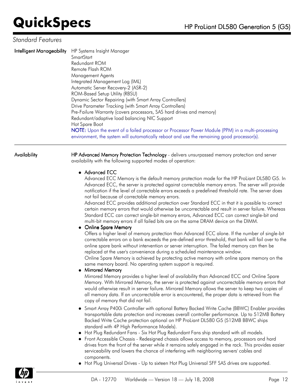 Quickspecs | HP Proliant DL580 User Manual | Page 12 / 53