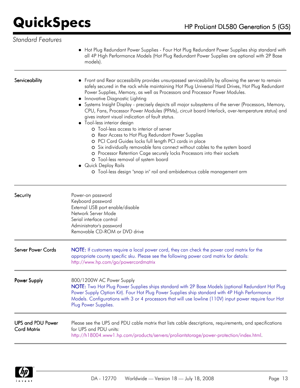 Quickspecs | HP Proliant DL580 User Manual | Page 13 / 53