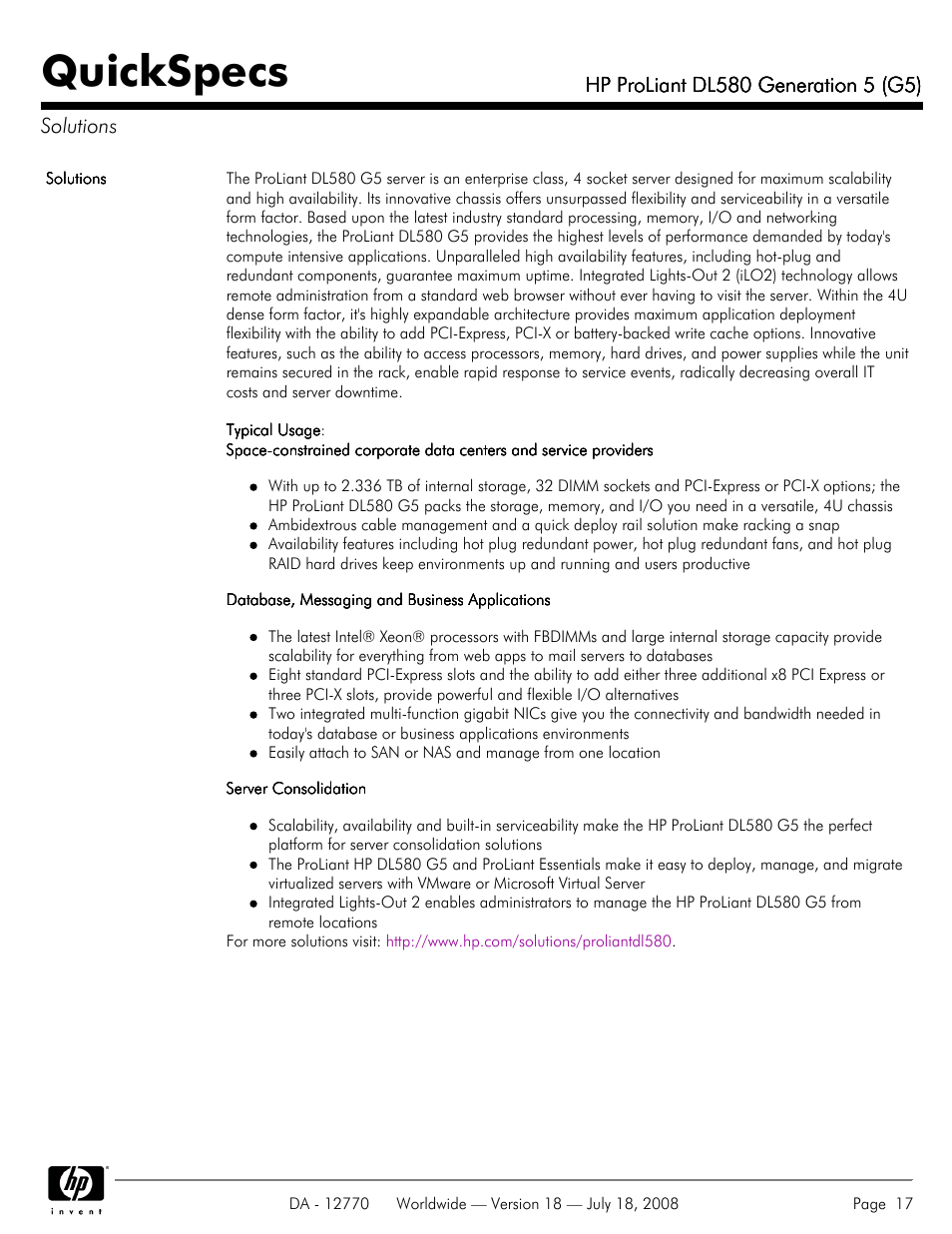 Solutions, Quickspecs | HP Proliant DL580 User Manual | Page 17 / 53