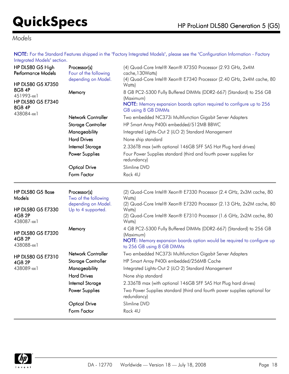Models, Quickspecs | HP Proliant DL580 User Manual | Page 18 / 53