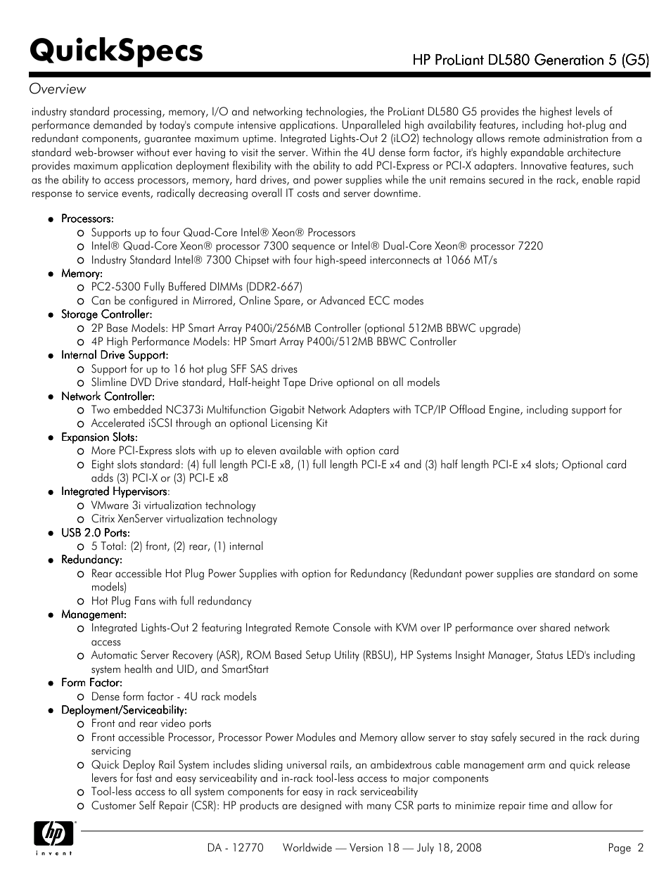 Quickspecs | HP Proliant DL580 User Manual | Page 2 / 53