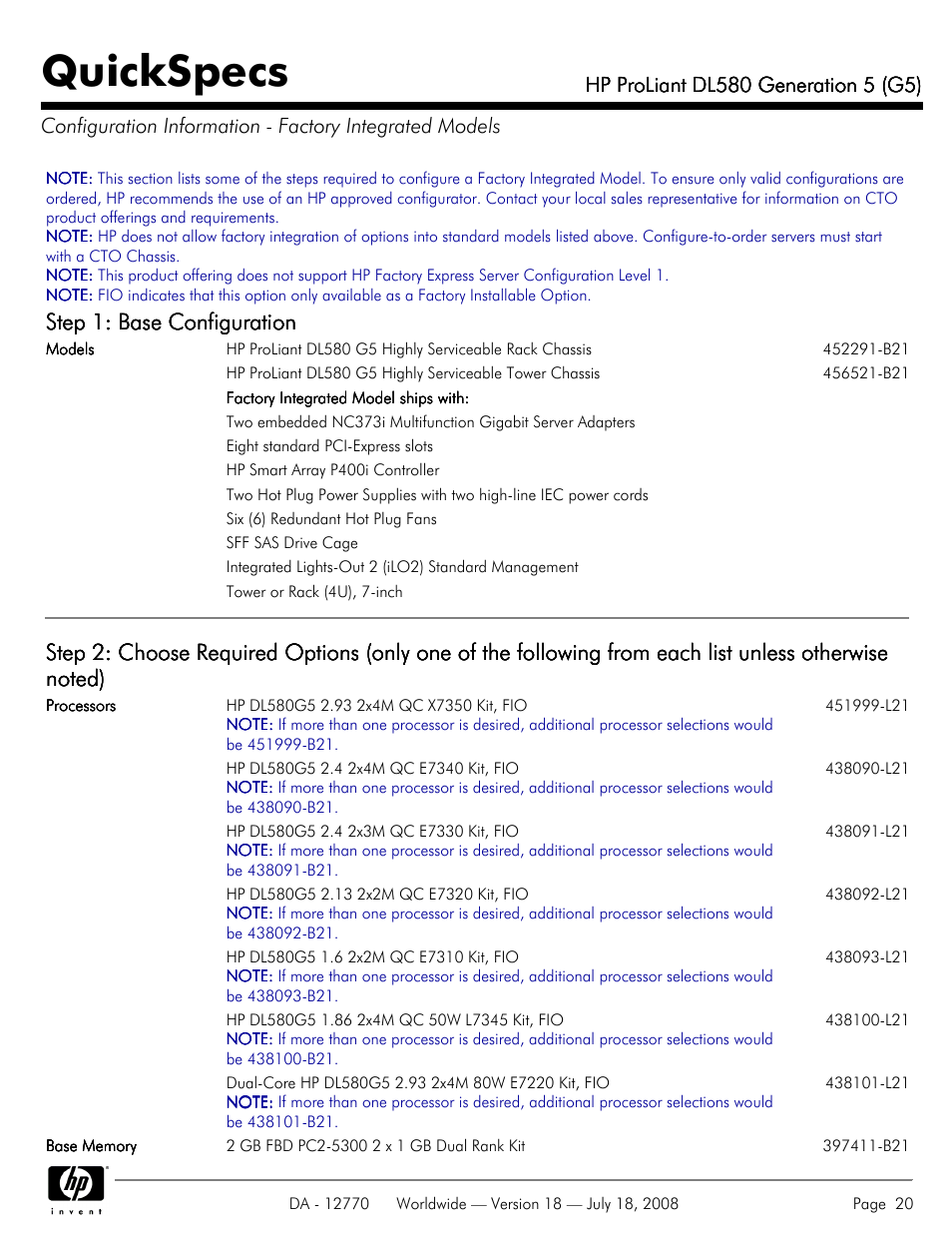 Quickspecs, Step 1: base configuration | HP Proliant DL580 User Manual | Page 20 / 53