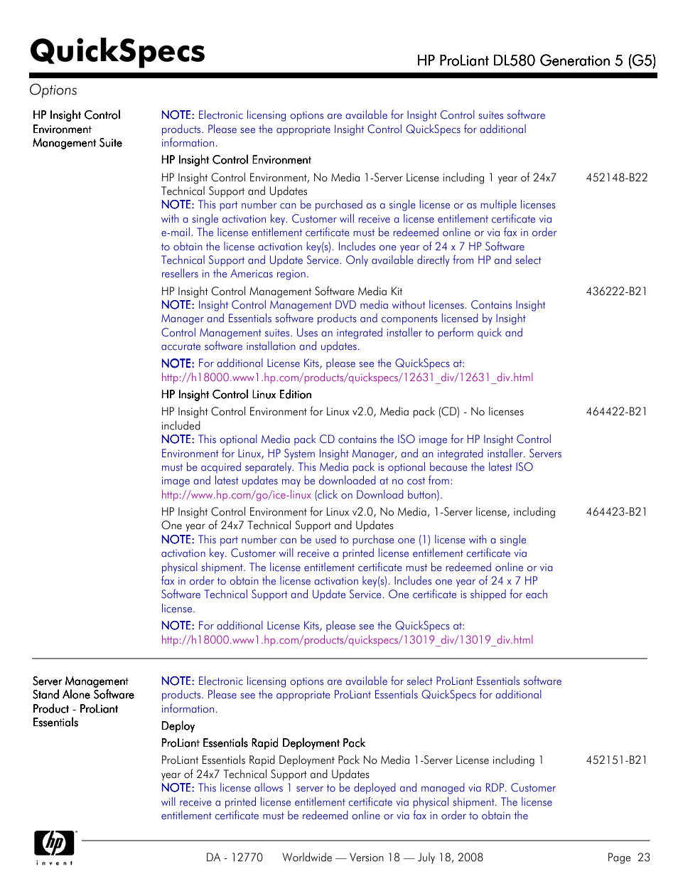 Quickspecs | HP Proliant DL580 User Manual | Page 23 / 53