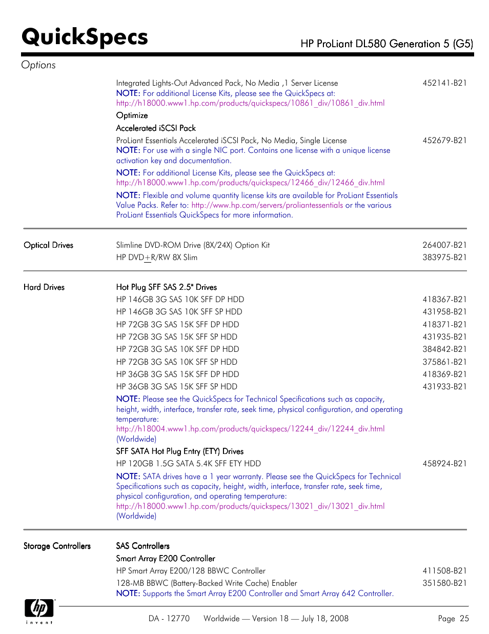 Quickspecs | HP Proliant DL580 User Manual | Page 25 / 53