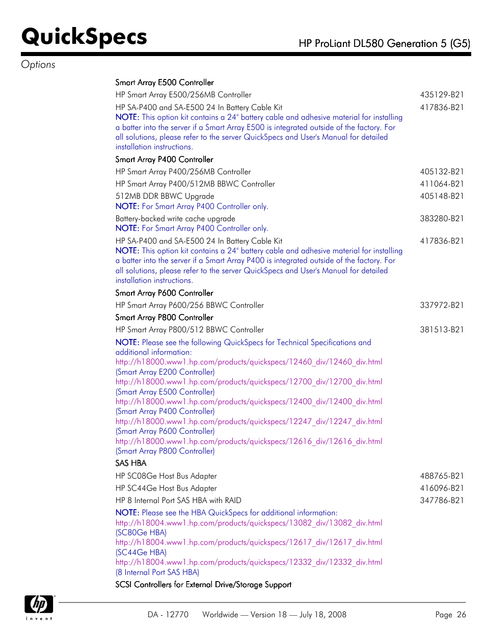 Quickspecs | HP Proliant DL580 User Manual | Page 26 / 53