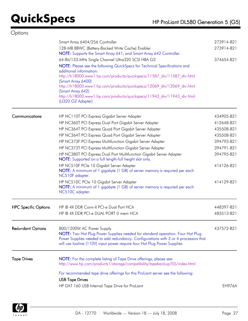 Quickspecs | HP Proliant DL580 User Manual | Page 27 / 53