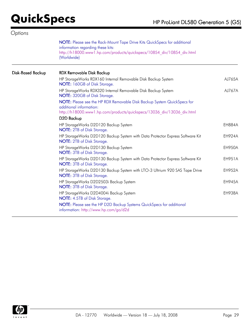 Quickspecs | HP Proliant DL580 User Manual | Page 29 / 53