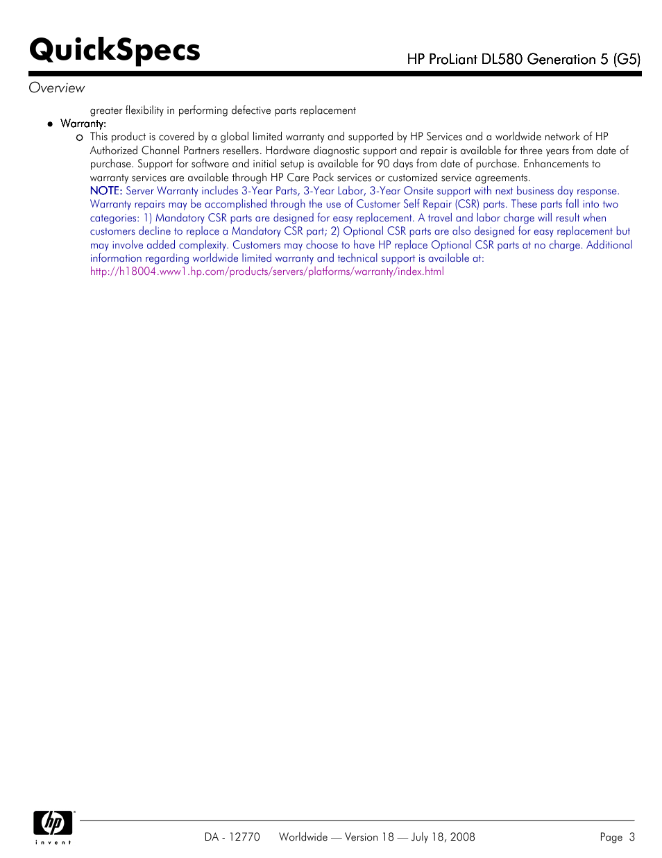 Quickspecs | HP Proliant DL580 User Manual | Page 3 / 53