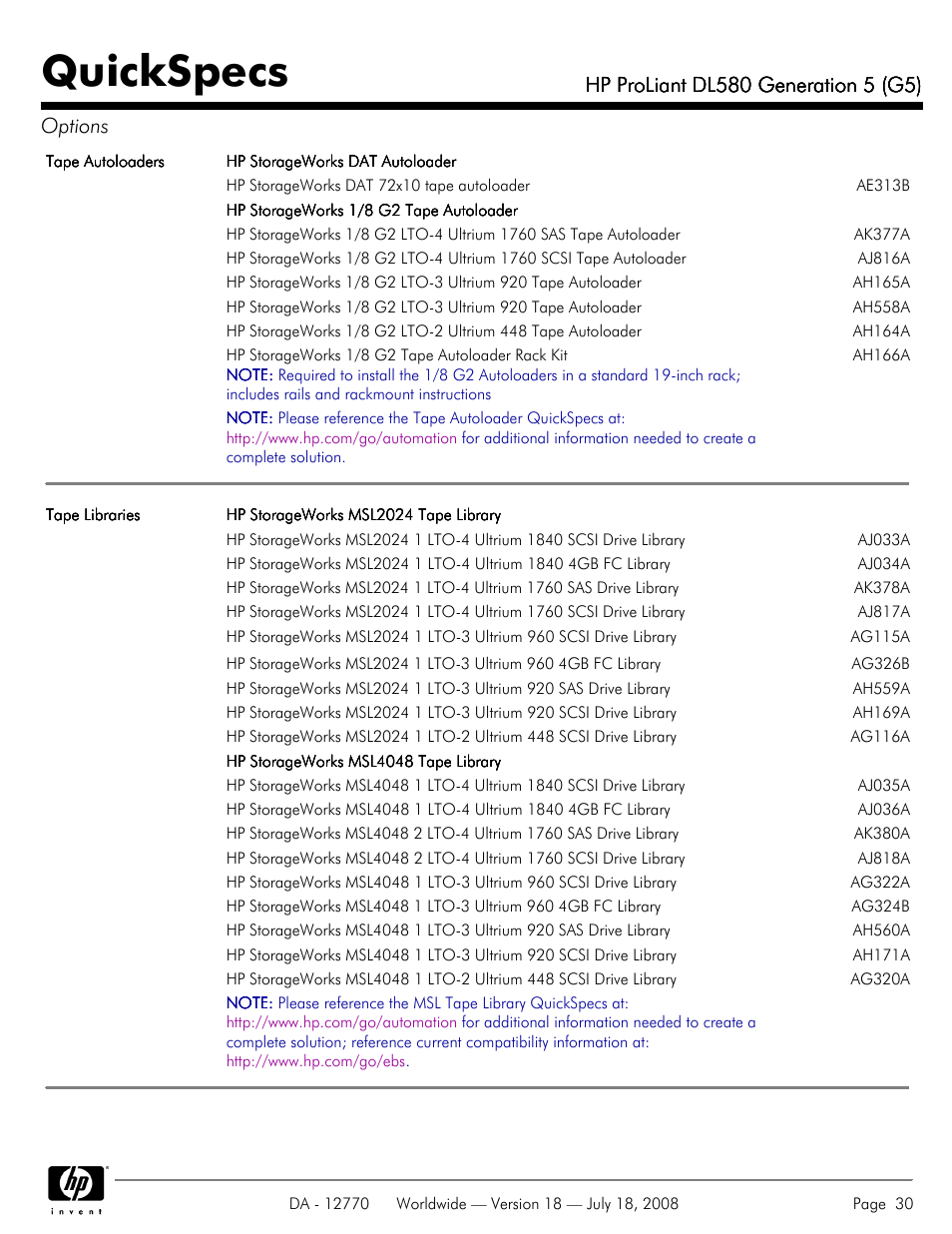 Quickspecs | HP Proliant DL580 User Manual | Page 30 / 53