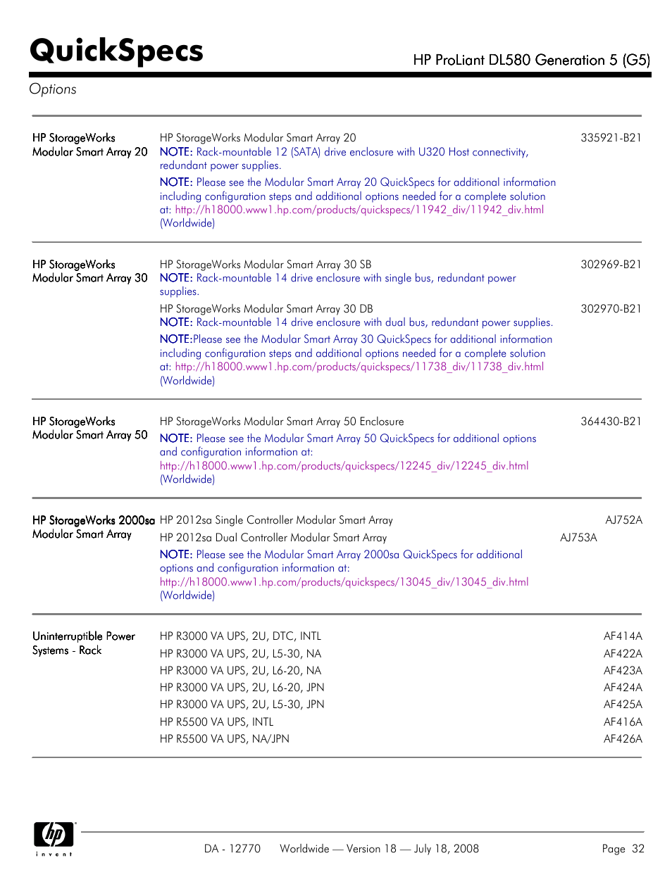 Quickspecs | HP Proliant DL580 User Manual | Page 32 / 53