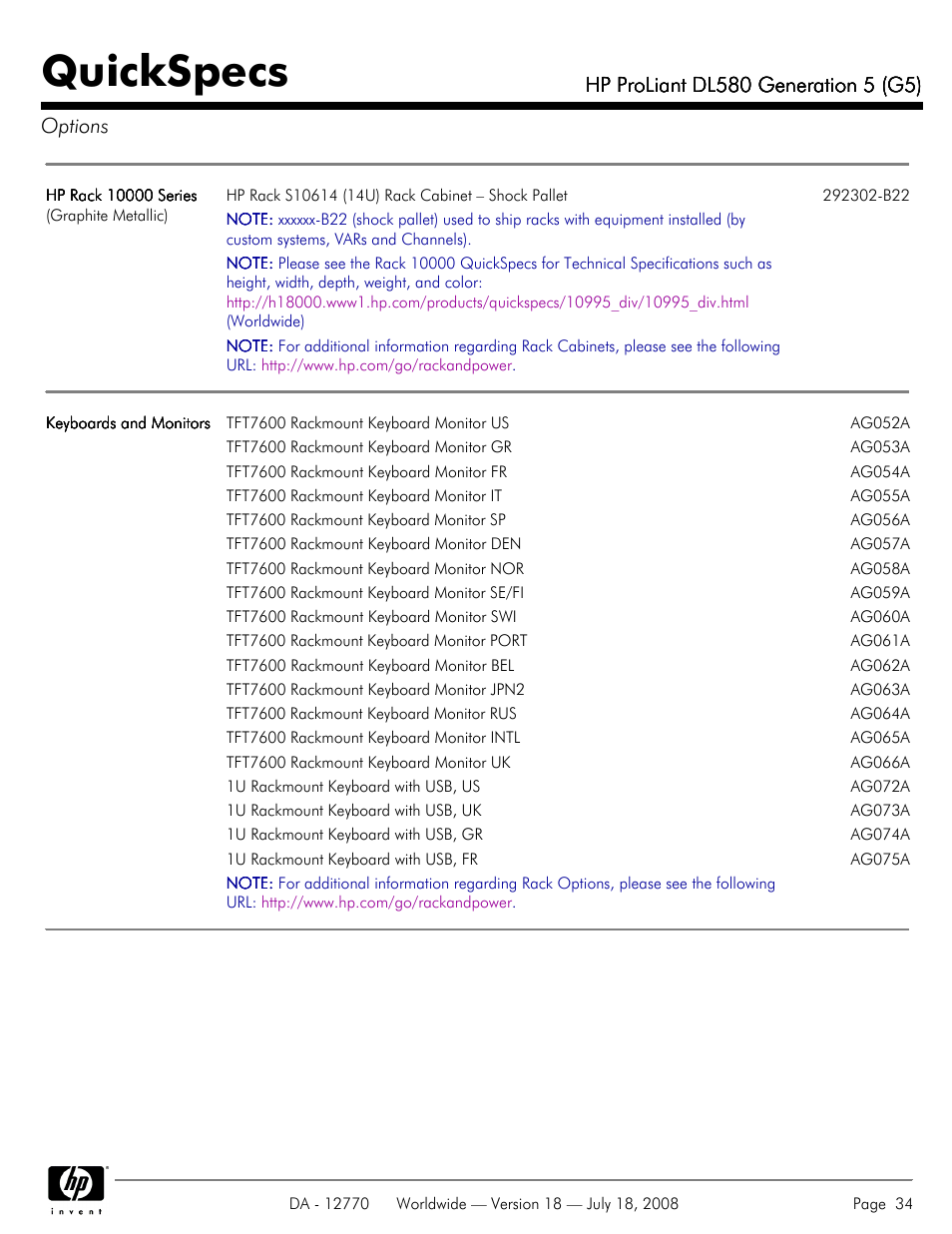 Quickspecs | HP Proliant DL580 User Manual | Page 34 / 53