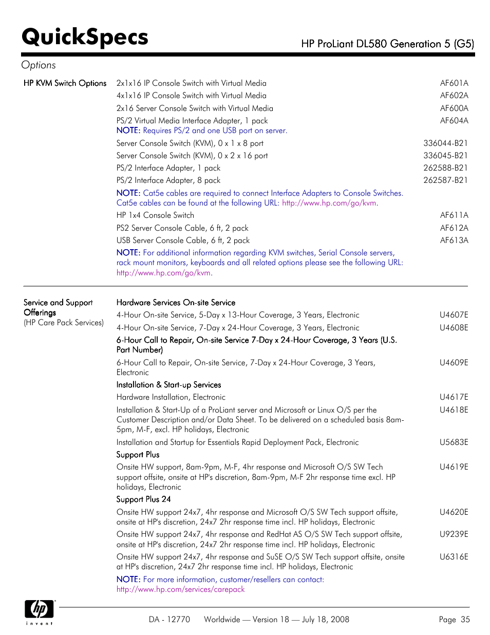 Quickspecs | HP Proliant DL580 User Manual | Page 35 / 53