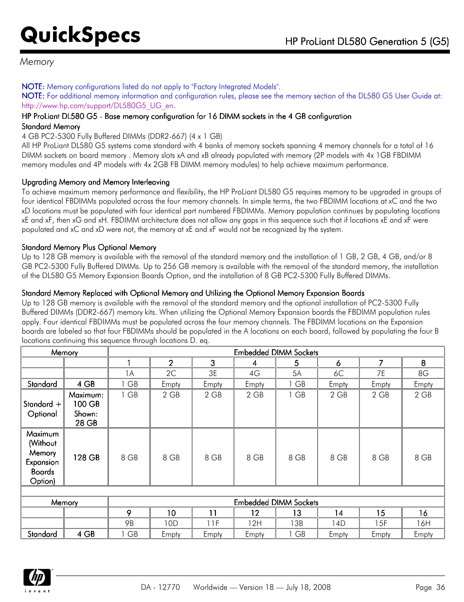 Memory, Quickspecs | HP Proliant DL580 User Manual | Page 36 / 53