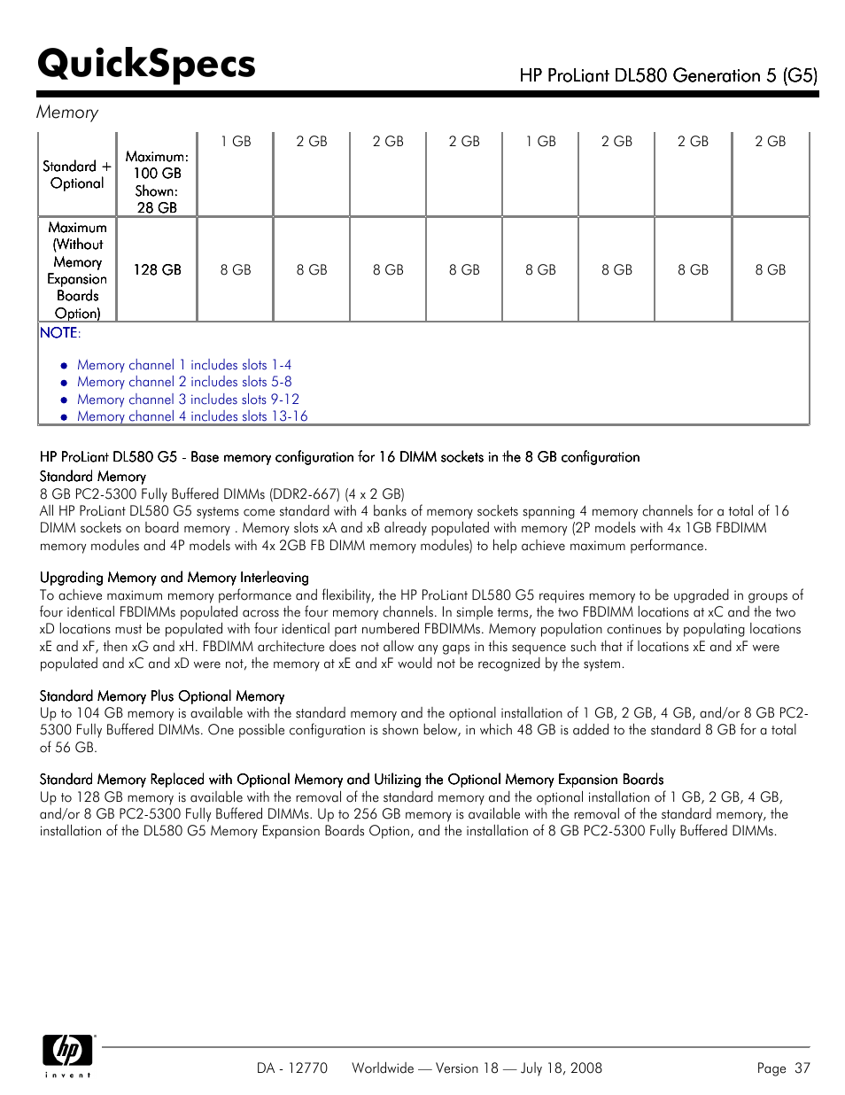 Quickspecs | HP Proliant DL580 User Manual | Page 37 / 53
