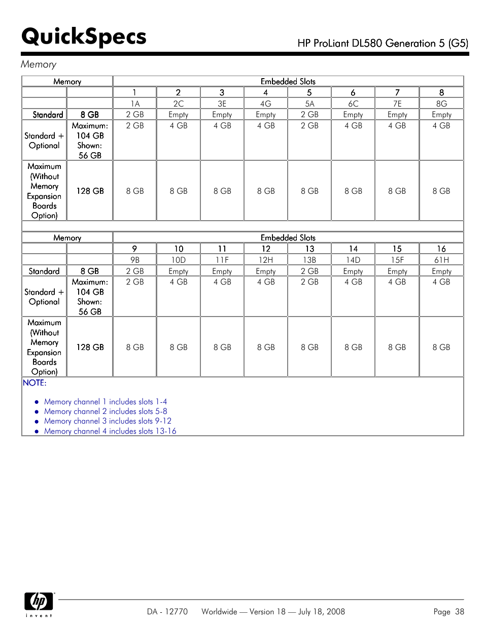 Quickspecs | HP Proliant DL580 User Manual | Page 38 / 53