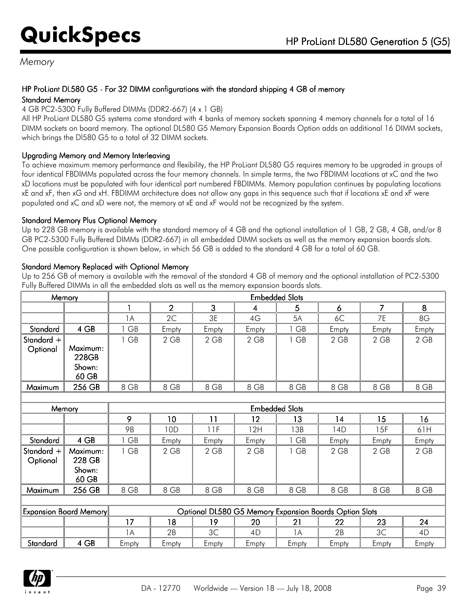 Quickspecs | HP Proliant DL580 User Manual | Page 39 / 53