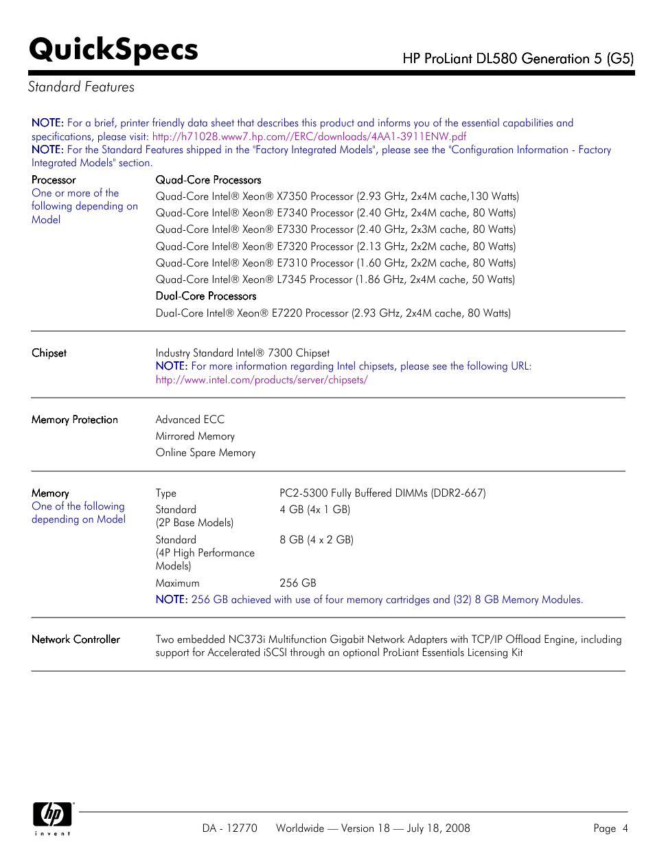 Standard features, Quickspecs | HP Proliant DL580 User Manual | Page 4 / 53