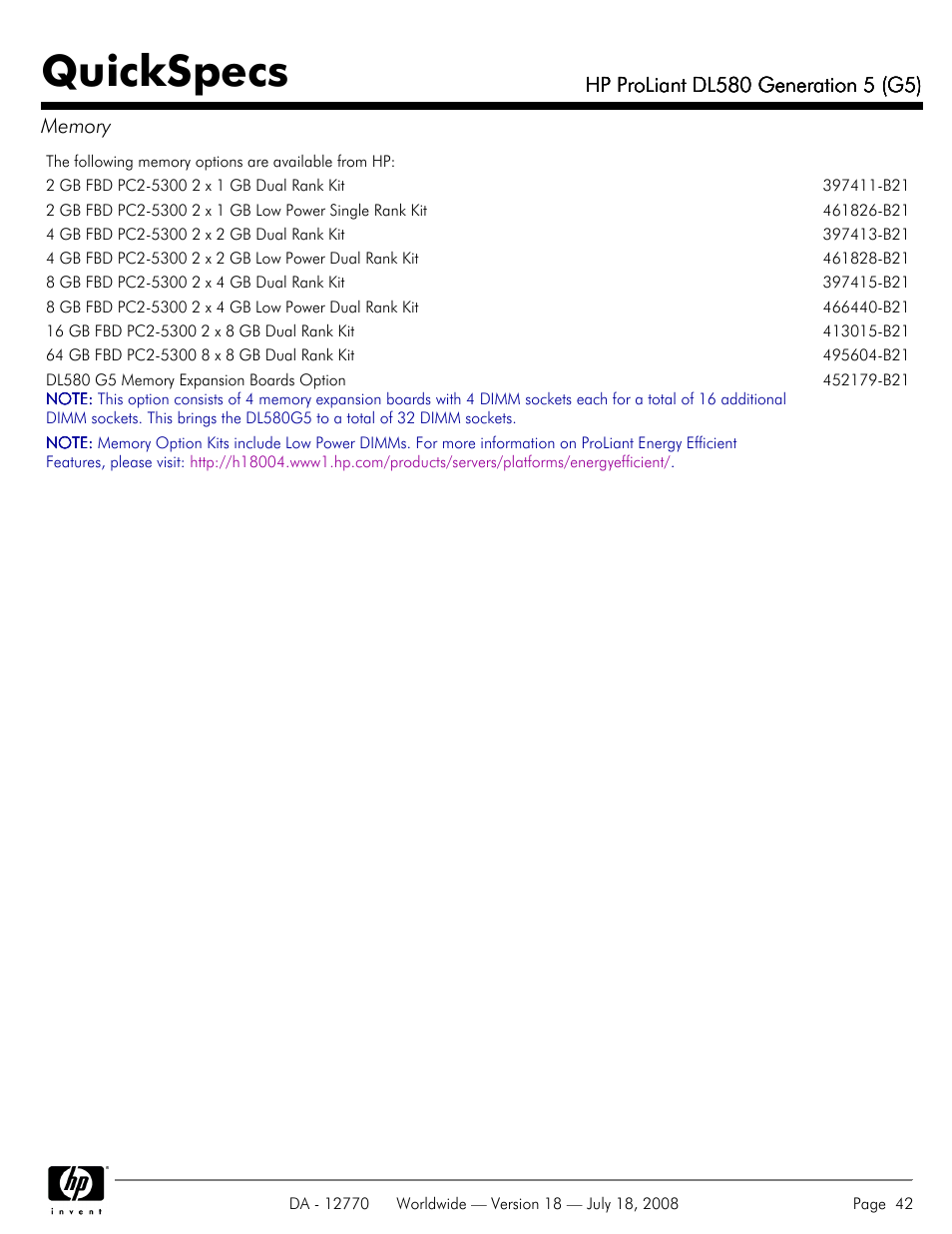 Quickspecs | HP Proliant DL580 User Manual | Page 42 / 53