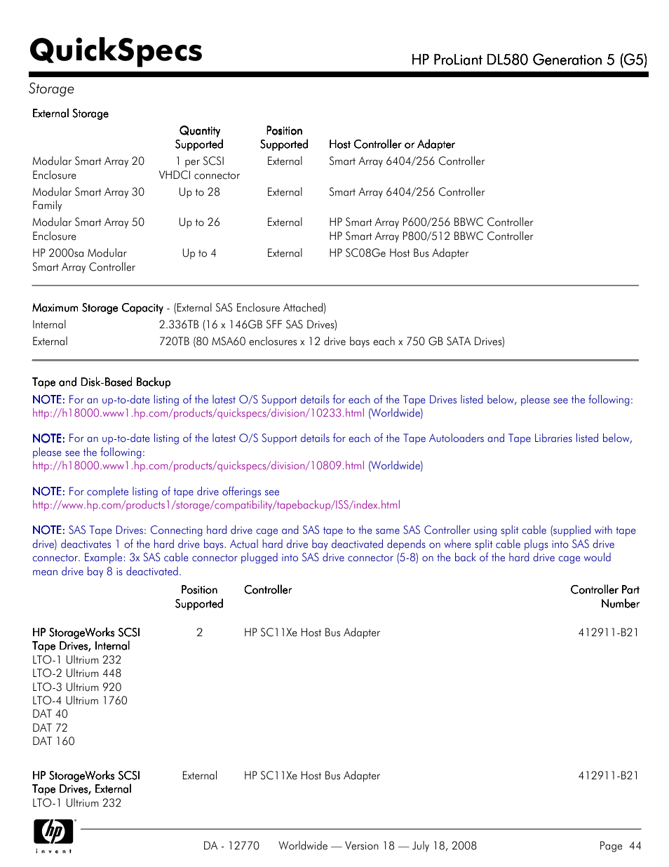 Quickspecs | HP Proliant DL580 User Manual | Page 44 / 53