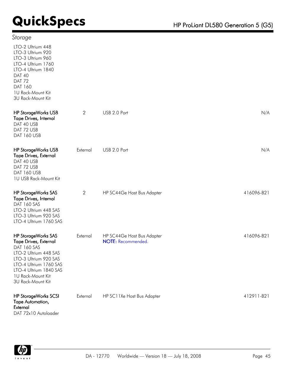 Quickspecs | HP Proliant DL580 User Manual | Page 45 / 53