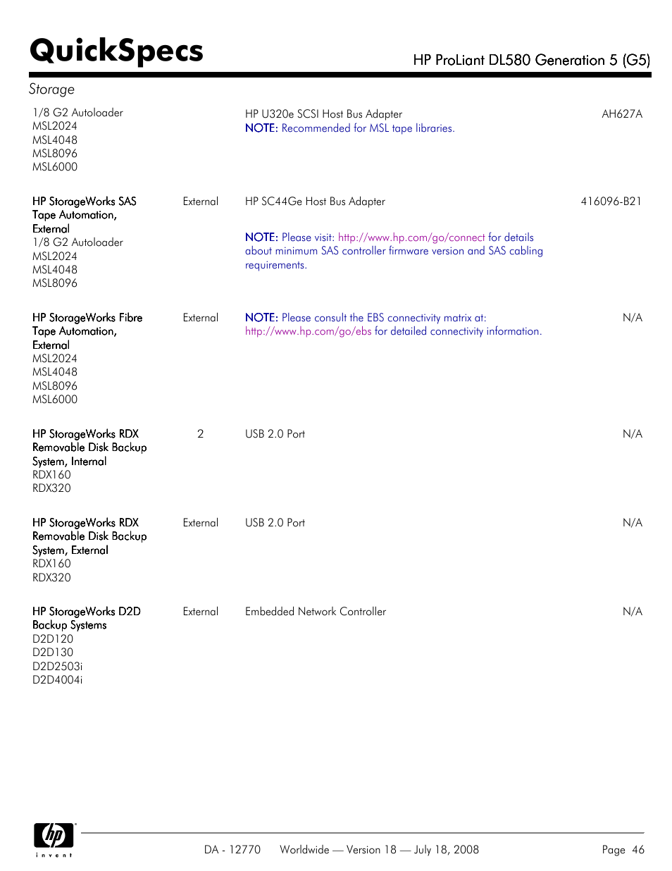 Quickspecs | HP Proliant DL580 User Manual | Page 46 / 53