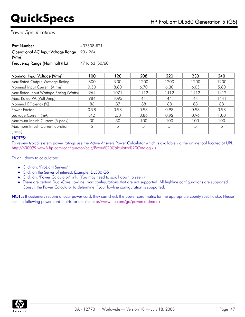 Power specifications, Quickspecs | HP Proliant DL580 User Manual | Page 47 / 53