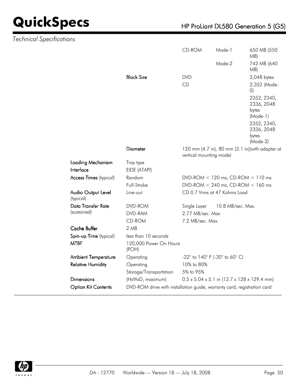 Quickspecs | HP Proliant DL580 User Manual | Page 50 / 53
