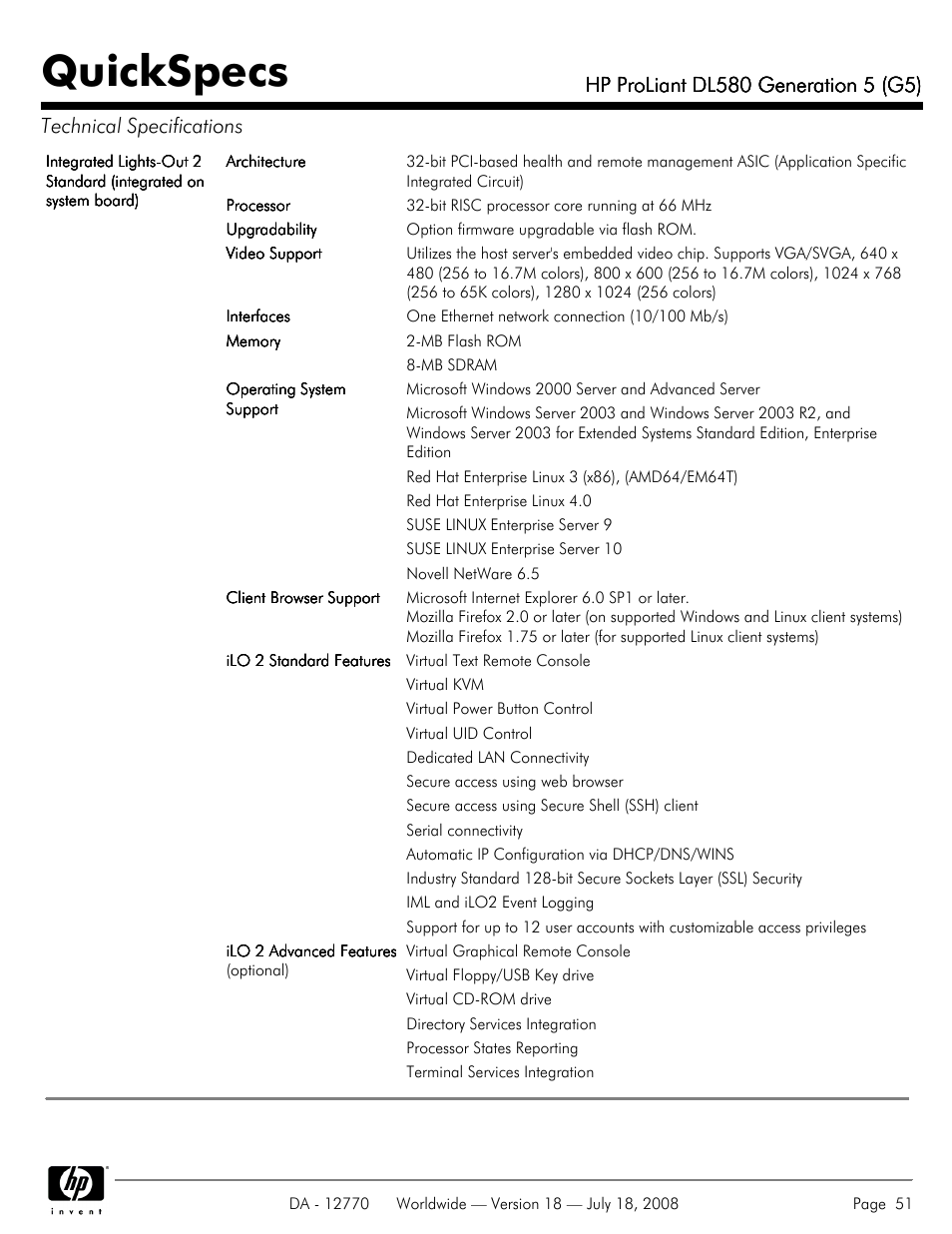 Quickspecs | HP Proliant DL580 User Manual | Page 51 / 53