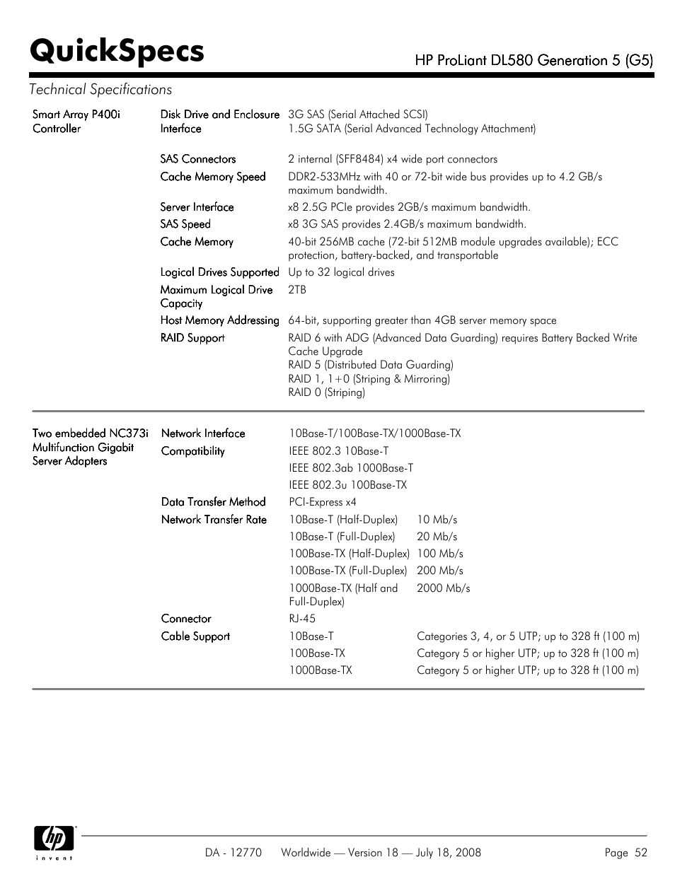 Quickspecs | HP Proliant DL580 User Manual | Page 52 / 53