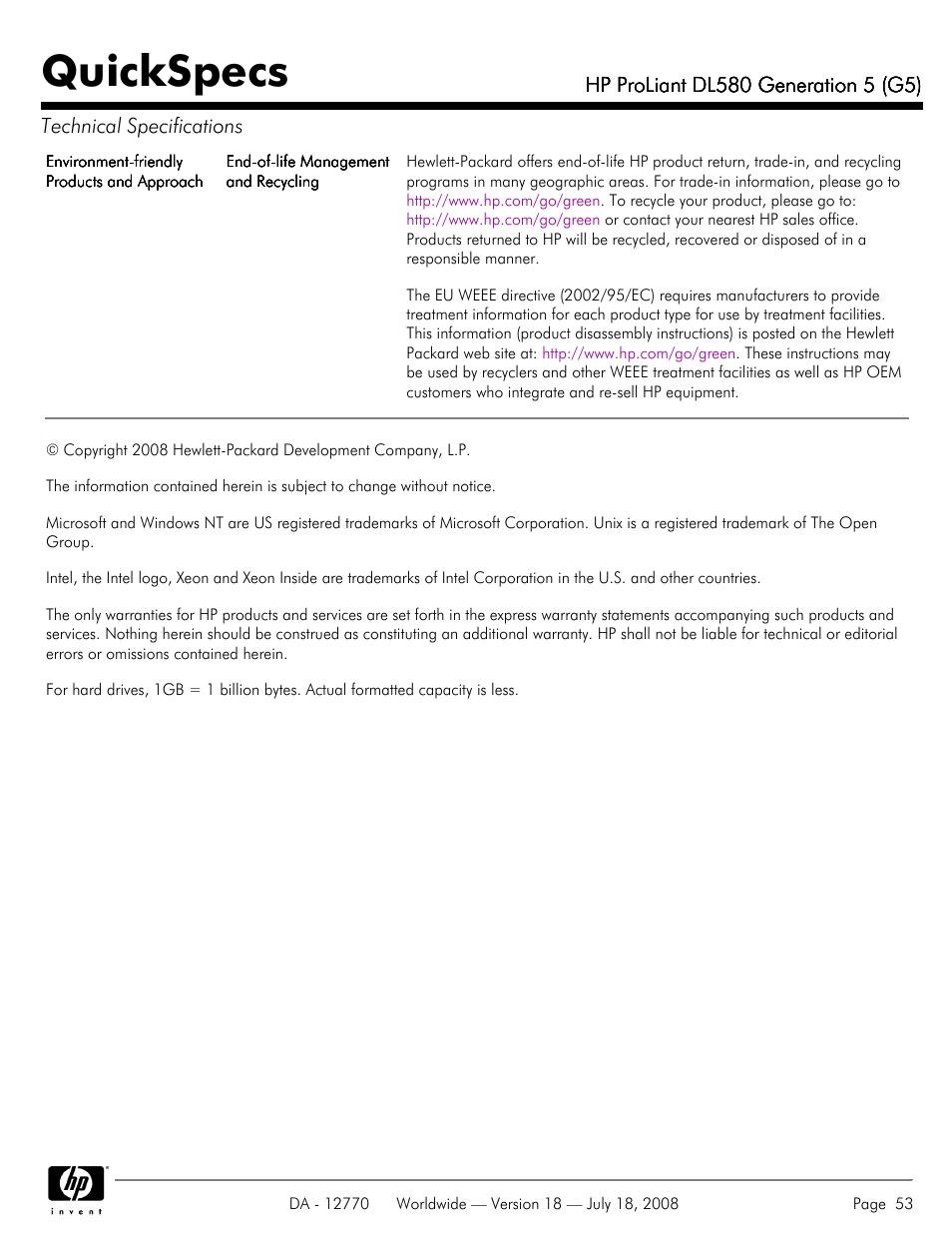 Quickspecs | HP Proliant DL580 User Manual | Page 53 / 53