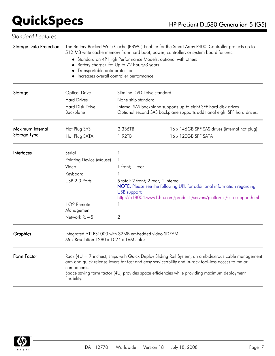 Quickspecs | HP Proliant DL580 User Manual | Page 7 / 53