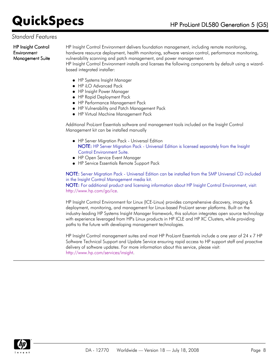 Quickspecs | HP Proliant DL580 User Manual | Page 8 / 53