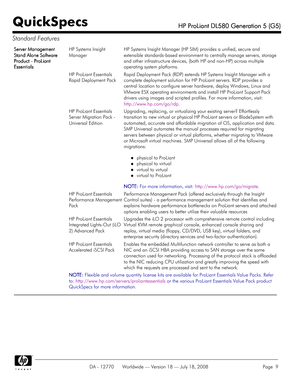 Quickspecs | HP Proliant DL580 User Manual | Page 9 / 53