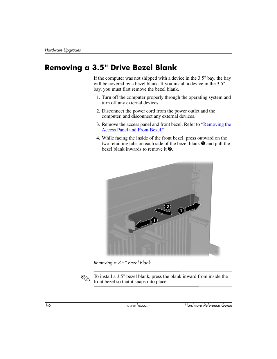 Removing a 3.5" drive bezel blank, Removing a 3.5" drive bezel blank –6 | HP DX2200 User Manual | Page 10 / 31