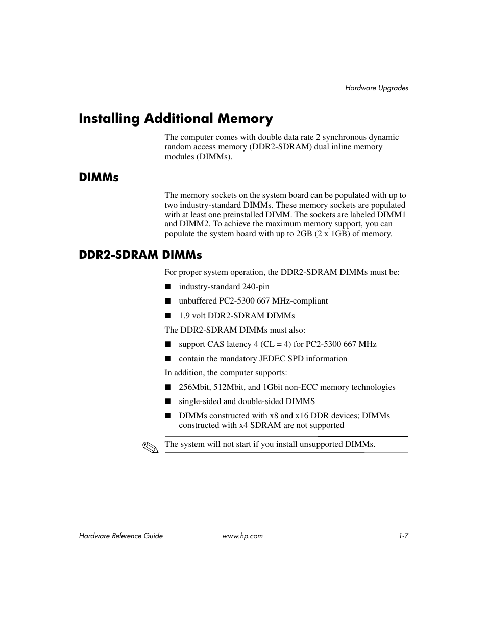 Installing additional memory, Dimms, Ddr2-sdram dimms | Installing additional memory –7, Dimms –7 ddr2-sdram dimms –7 | HP DX2200 User Manual | Page 11 / 31