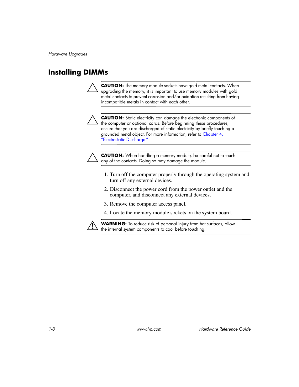 Installing dimms, Installing dimms –8 | HP DX2200 User Manual | Page 12 / 31