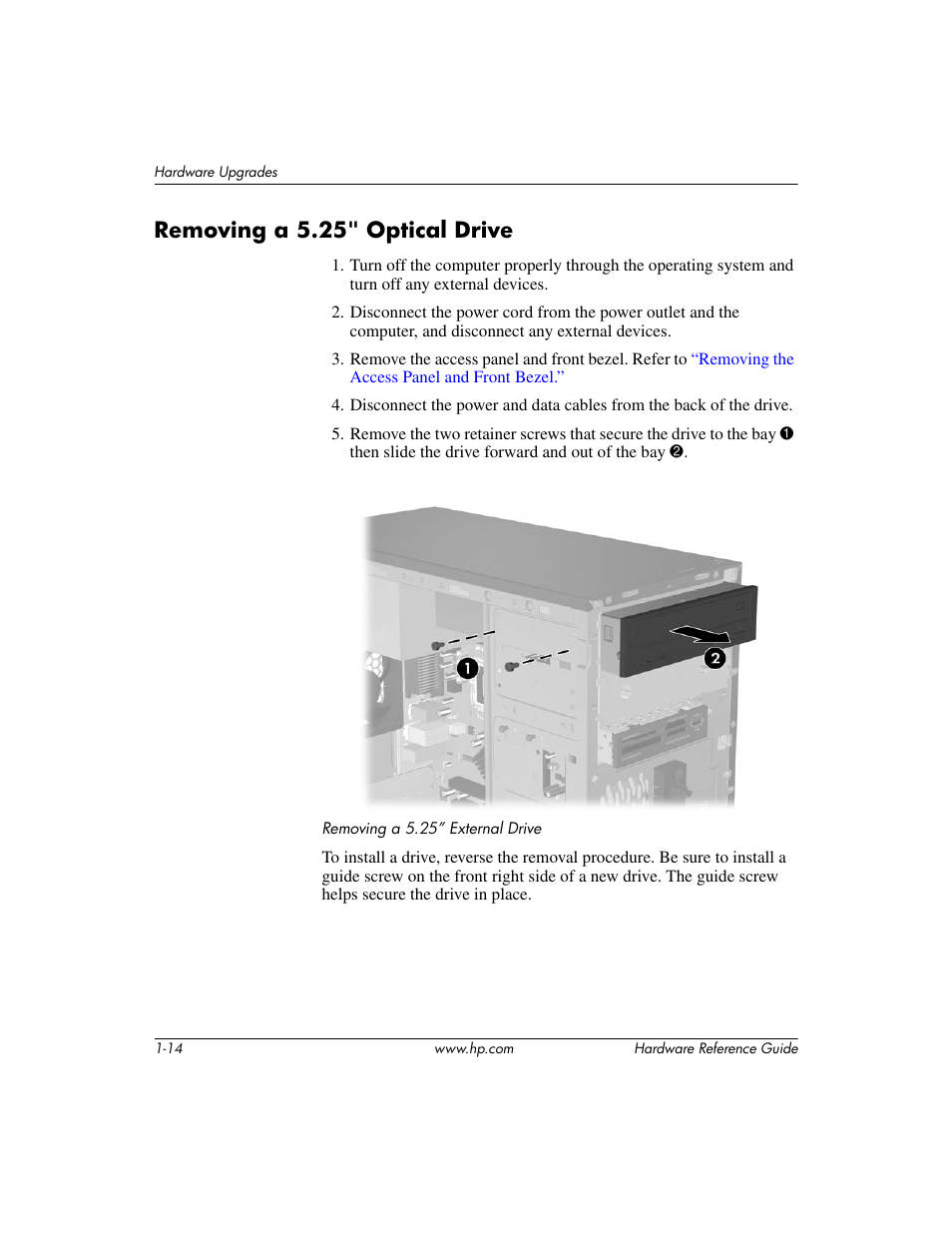 Removing a 5.25" optical drive, Removing a 5.25" optical drive –14 | HP DX2200 User Manual | Page 18 / 31