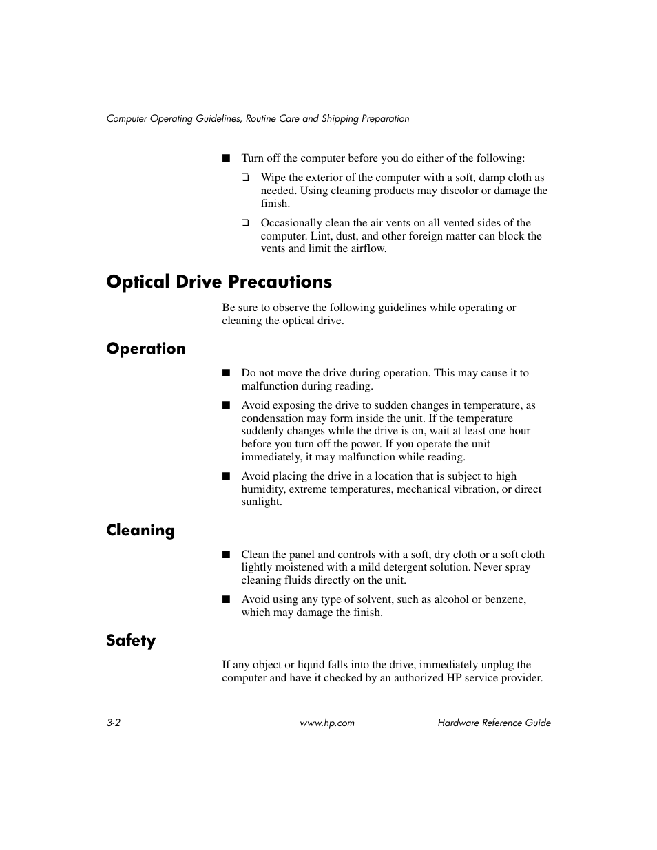 Optical drive precautions, Operation, Cleaning | Safety, Optical drive precautions –2, Operation –2 cleaning –2 safety –2 | HP DX2200 User Manual | Page 28 / 31