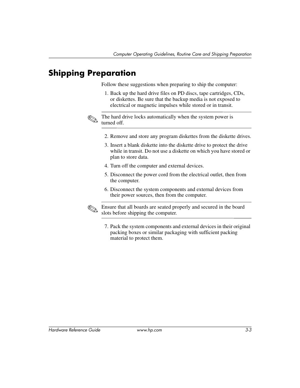 Shipping preparation, Shipping preparation –3 | HP DX2200 User Manual | Page 29 / 31