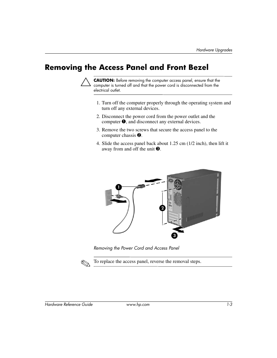 Removing the access panel and front bezel, Removing the access panel and front bezel –3 | HP DX2200 User Manual | Page 7 / 31
