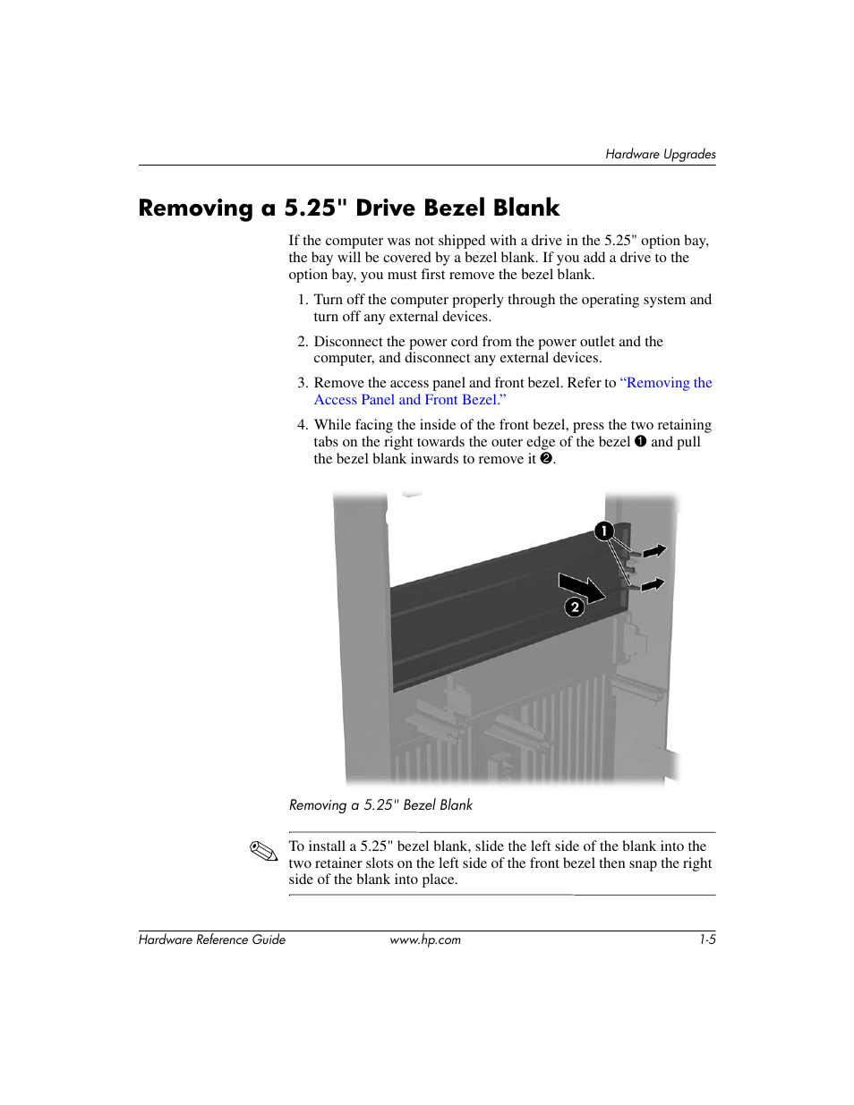 Removing a 5.25" drive bezel blank, Removing a 5.25" drive bezel blank –5 | HP DX2200 User Manual | Page 9 / 31