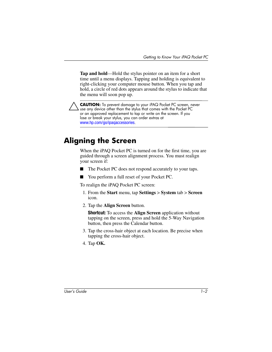 Aligning the screen, Aligning the screen –2 | HP iPAQ hx2000 User Manual | Page 10 / 168