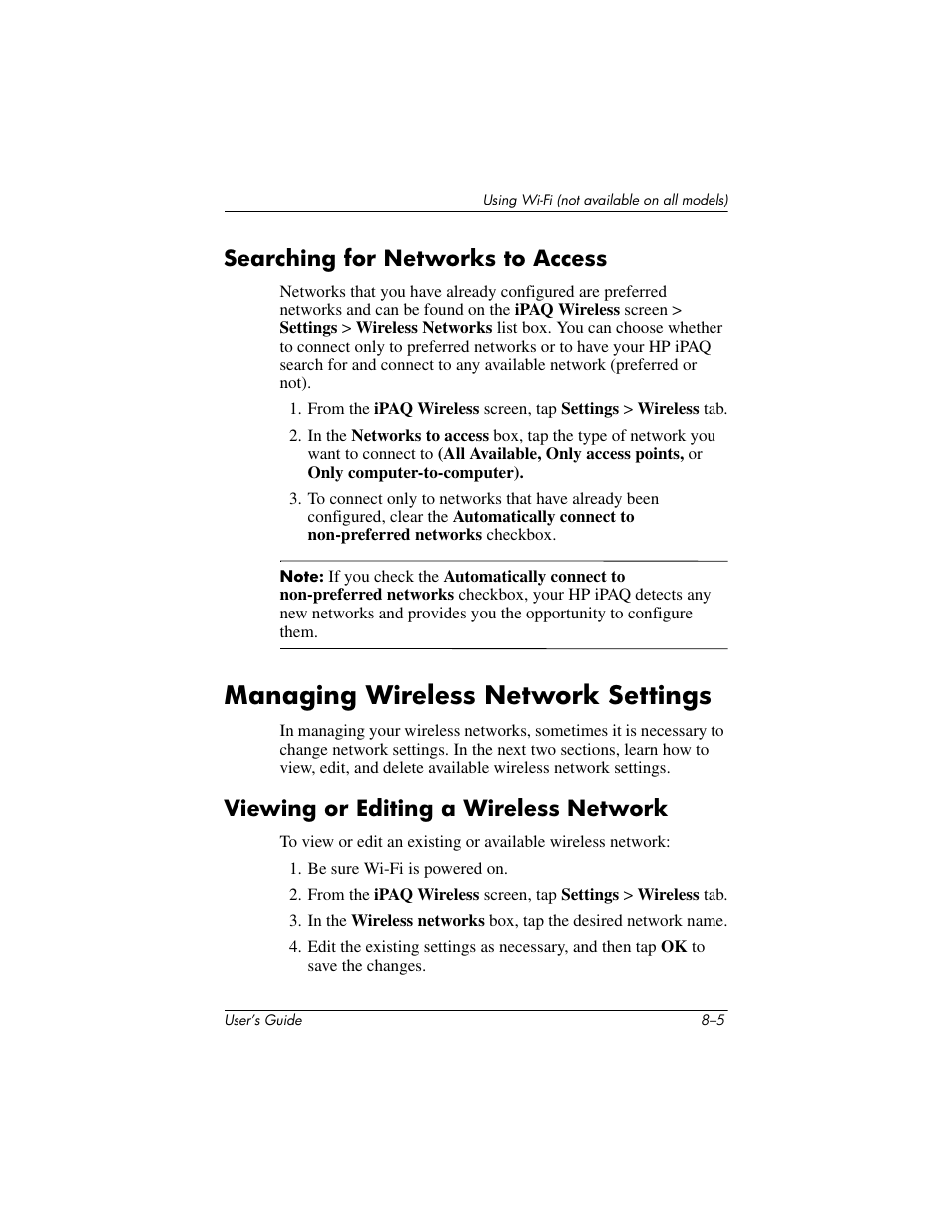 Searching for networks to access, Managing wireless network settings, Viewing or editing a wireless network | Searching for networks to access –5, Managing wireless network settings –5, Viewing or editing a wireless network –5 | HP iPAQ hx2000 User Manual | Page 101 / 168